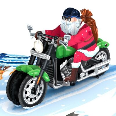 Papá Noel en una tarjeta emergente de motocicleta