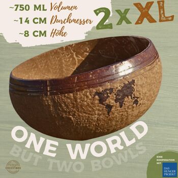 cocovibes jumbo bol en noix de coco ONE WORLD composé à 100% de coques de noix de coco dans un lot de 2 avec 2 cuillères en bois de coco et 2 soucoupes - beau, fabriqué à la main avec amour, environ 750 ml 2