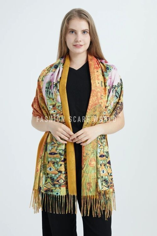 Klimt 'Portrait Of Adele' Print Wool Tassel Scarf - Mustard