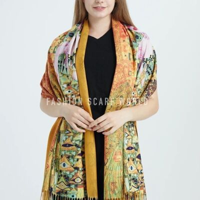 Klimt 'Portrait Of Adele' Print Wool Tassel Scarf - Mustard