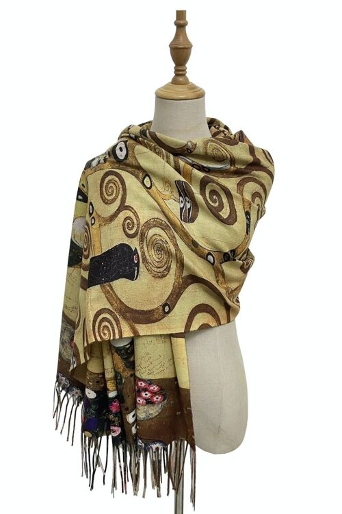 Klimt 'Tree of Life' Detail Print Wool Tassel Scarf - Brown