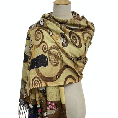 Klimt 'Tree of Life' Detail Print Wool Tassel Scarf - Brown
