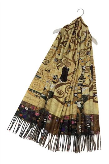 Écharpe à pampilles en laine à imprimé arbre de vie Klimt - Marron 2