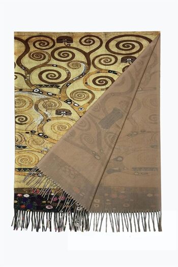 Écharpe à pampilles en laine à imprimé arbre de vie Klimt - Marron 3