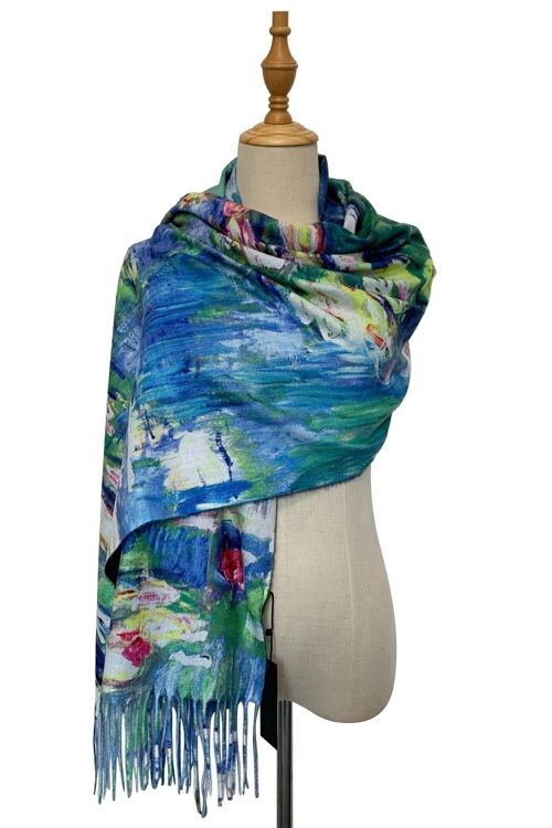 Monet Water Lily Painting Print Wool Scarf with Tassels - Water Lily