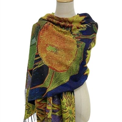 Écharpe à pampilles en laine à imprimé 'Six Sunflowers' de Van Gogh - Bleu marine