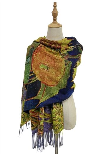 Écharpe à pampilles en laine à imprimé 'Six Sunflowers' de Van Gogh - Bleu marine 1