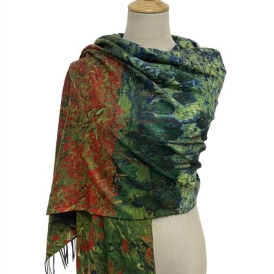 Van Gogh 'Poppy Field' Print Wool Tassel Scarf - Green