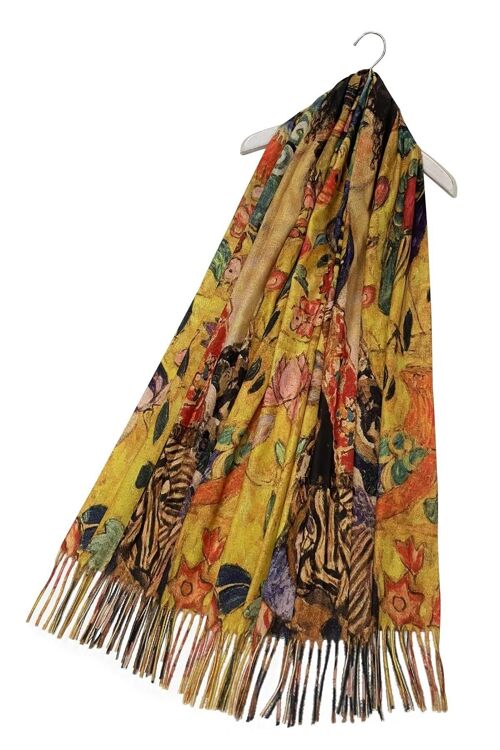 Klimt 'Lady with Fan' Print Wool Tassel Scarf - Mustard
