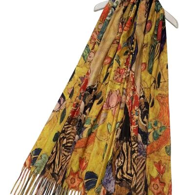 Bufanda de lana con borlas y estampado "Lady with Fan" de Klimt - Mostaza
