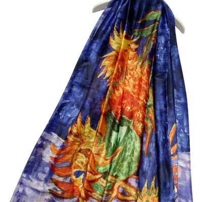 Pañuelo de seda con estampado de seis girasoles de Van Gogh - Azul