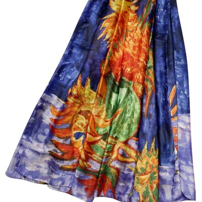 Pañuelo de seda con estampado de seis girasoles de Van Gogh - Azul