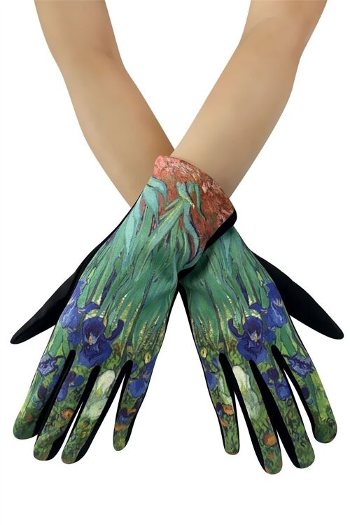 Van Gogh Irises Print Suede Touchscreen Gloves - Black