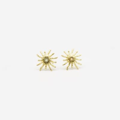 Women's golden earrings: Chalcedony.   Matte gold plated.   Sun, fashion.   Hand made.   Imitation jewelry.   Spring.  	Weddings, guests.