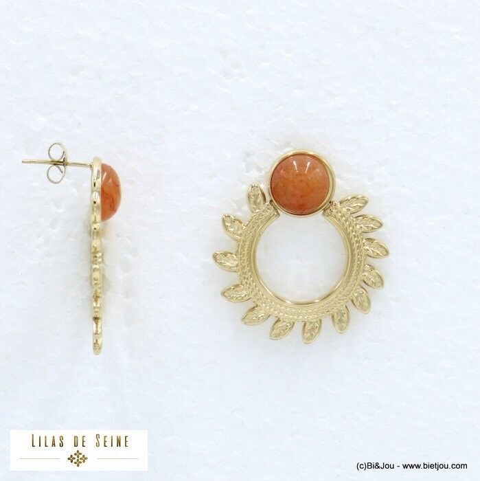 Boucles d'oreilles acier couronne feuille pierre 0322017