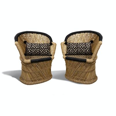 SET OF 2 ARMCHAIRS IN NATURAL AND BLACK BAMBOO BRAIDED BY HAND WITH TWO BLACK AND ECRU CUSHIONS WITH ZAMZEBE PATTERNS AND POMPOMS