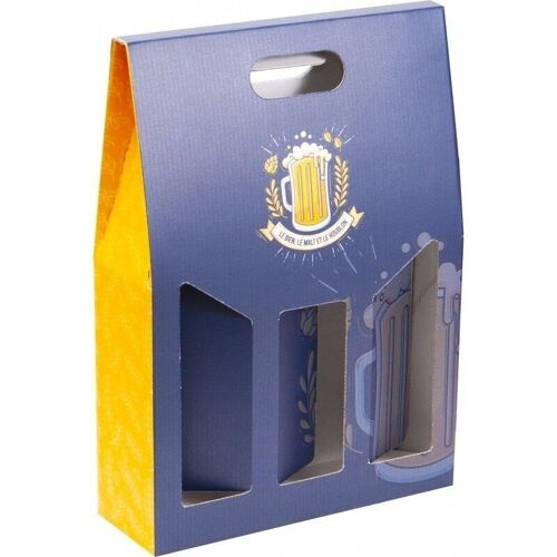 Etui en carton FSC pour 3 bouteilles biere bleu et jaune-2038