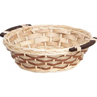 Natural and light brown round basket + 2 wooden handles-410N