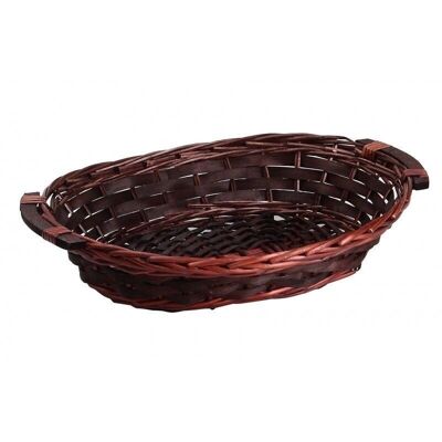Oval basket in wicker and brown wood-414X