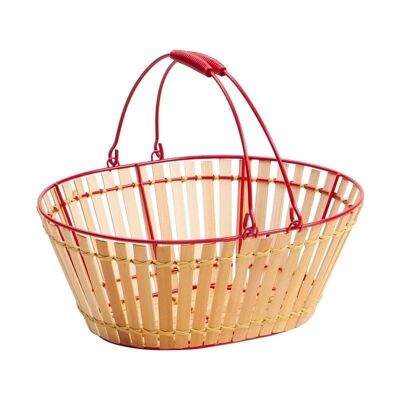 Oval basket in red metal and natural bamboo with 2 handles-8338