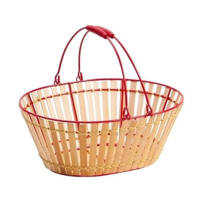 Panier ovale en metal rouge et bambou naturel avec 2 anses-8338