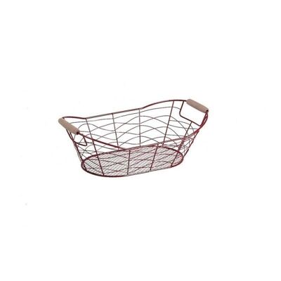 Oval basket in red metal and 2 natural wood handles-8346