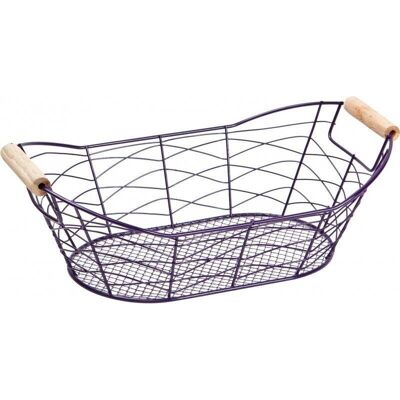 Oval basket in dark purple metal and 2 wooden handles-8349