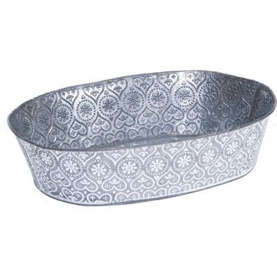 Oval metal basket with gray and white zinc look-8368
