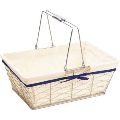 Silver metal basket with double ecru fabric and dark blue edge-8377