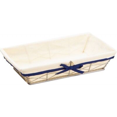 Silver metal basket with double ecru fabric and dark blue edge-8464