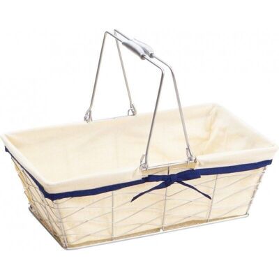 Silver metal basket with double ecru fabric and dark blue edge-8469