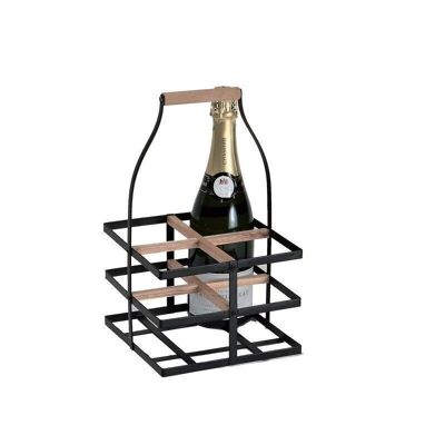 4-bottle rack in black metal with wooden handle-8504