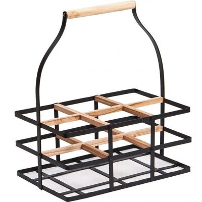 Porte 6 bouteilles en metal noir poignee bois-8506