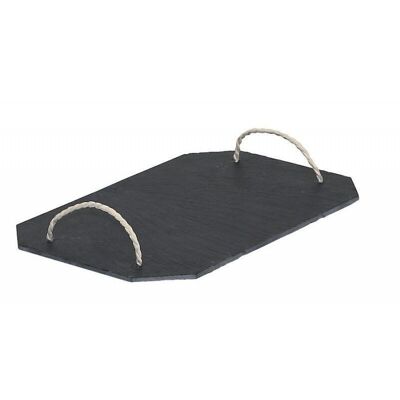 Rectangular tray in real slate with rope handles-9066