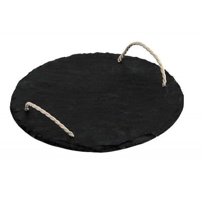 Round real slate tray with rope handles-9068