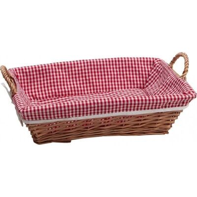 Honey wicker basket white/red gingham fabric wooden handles-A105