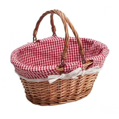 Honey wicker oval basket white/red gingham fabric with foldable handle-A107