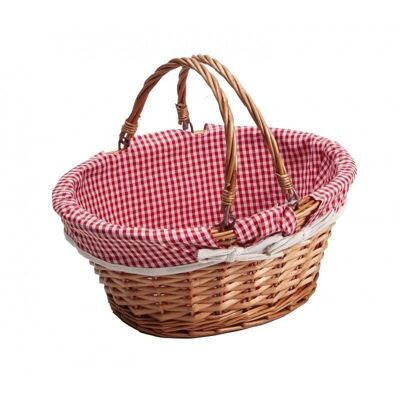 Honey wicker oval basket white/red gingham fabric with foldable handle-A108