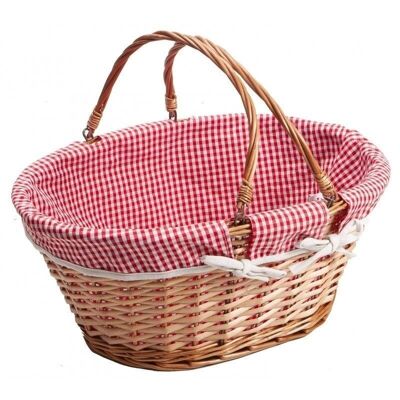 Honey wicker oval basket white/red gingham fabric with foldable handle-A109