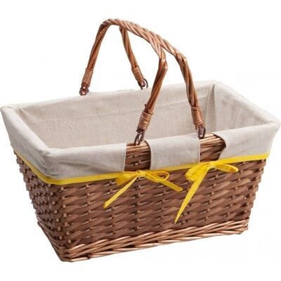 Wicker basket in wood and ecru fabric with yellow edge 2 foldable handles-A125