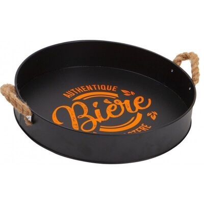 Round black metal tray + orange beer deco rope handles-C154