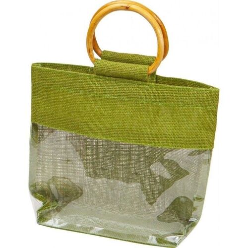 Sac jute vert et fenetre PVC avec 2 poignees en bois-C196