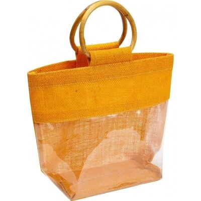 Apricot jute bag and PVC window with 2 wooden handles-C197