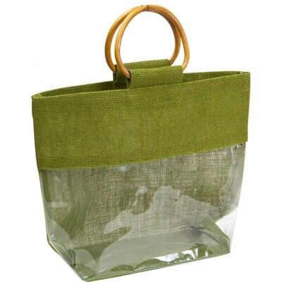 Green jute bag and PVC window with 2 wooden handles-C198