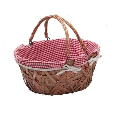 Honey wicker oval basket, red gingham fabric, foldable handles-C225