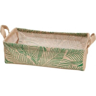 Rectangular jute basket + green leaves 2 handles-C421