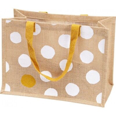 Jute bag deco white and gold polka dots with golden handles-C439