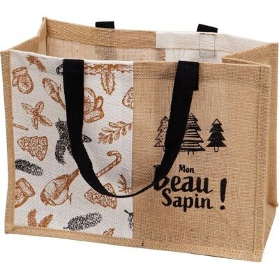 Sac jute naturel Deco Mon beau sapin + 2 anses noires-C442