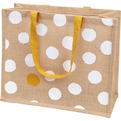 Jute bag deco white and gold polka dots with golden handles-C449