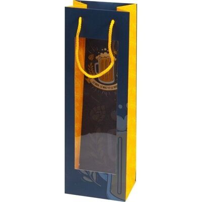 Sacchetto di cartone FSC blu/giallo 'birra' per 1 bottiglia + finestra-C731